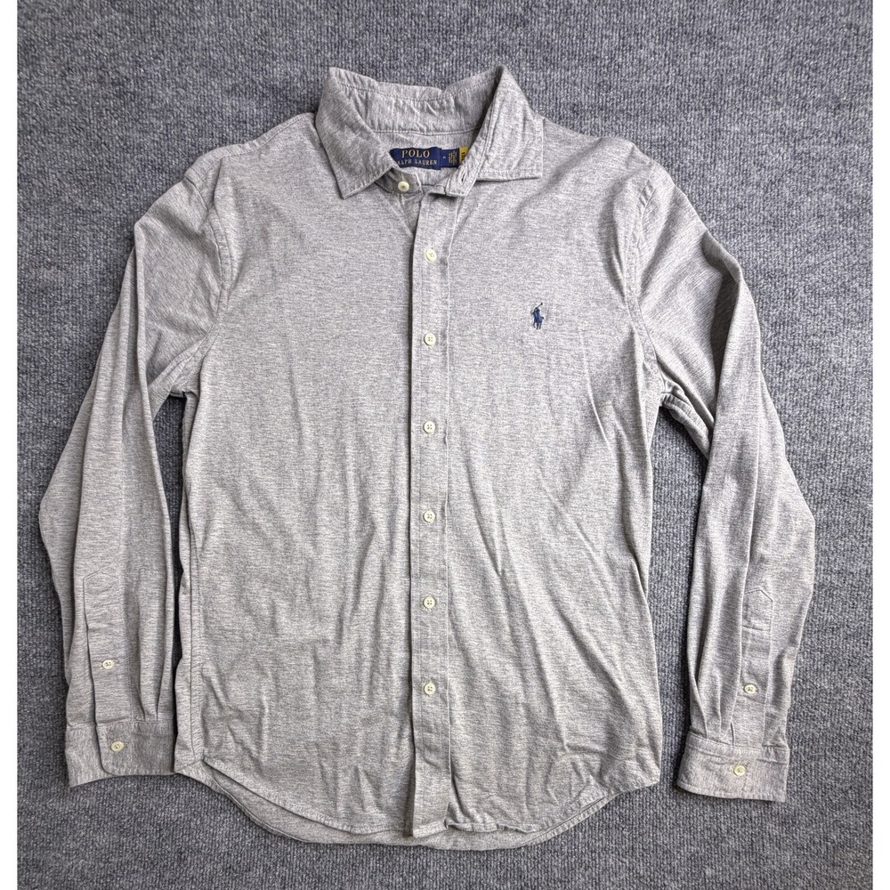 Polo Ralph Lauren Knit Dress Shirt Mens M Grey Stretch Long Sleeve Jersey